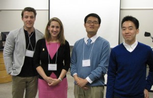 Students (l to r) Walker Higgins, Anja Speckhardt, Jung Bae, and XX present their research
