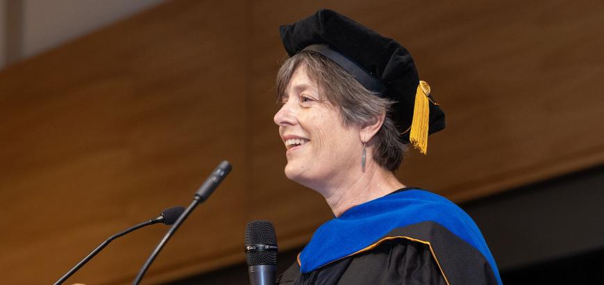 Distinguished Alum, Dr. Marianne Page ('87), at the 2025 Economics Graduation Celebration